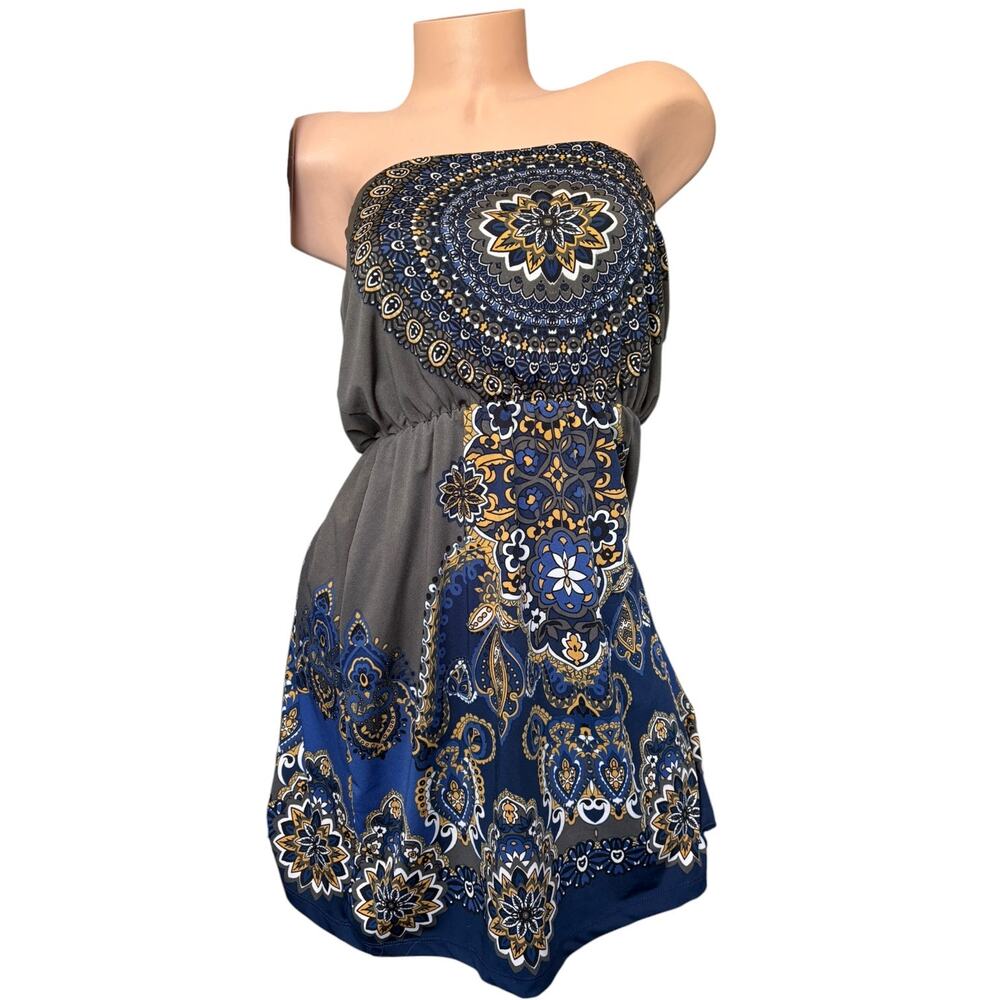 Boho Strapless Boho Mandala Mini Dress Green Blue Grey Size Small Tube Sundress
